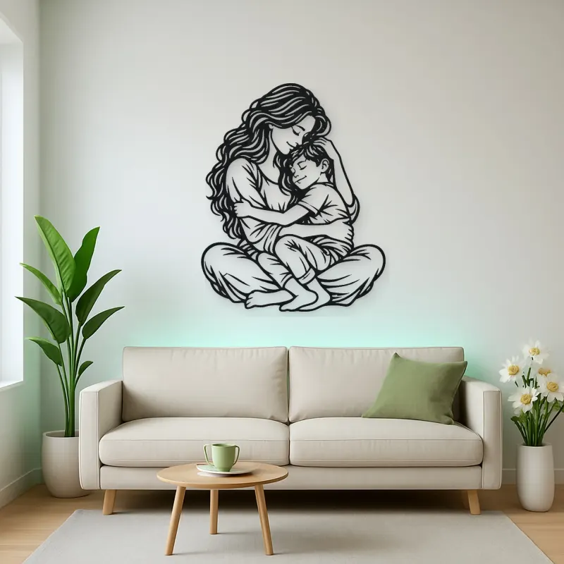Mother Son Cuddle Metal Wall Art | Family Silhouette Decor