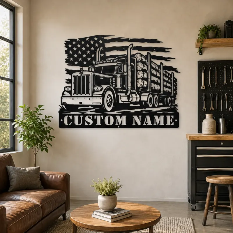 Personalized Logging Semi Truck Metal Wall Art with American Flag - lifestyle view 4