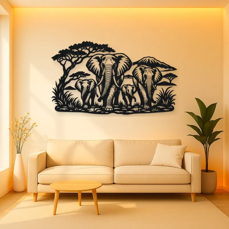 Elephant Family Walk Metal Wall Art | Wildlife Silhouette Decor