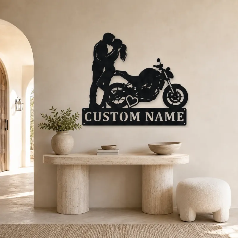 Personalized Kissing Couple Motorcycle Metal Wall Art with Heart - lifestyle view 3