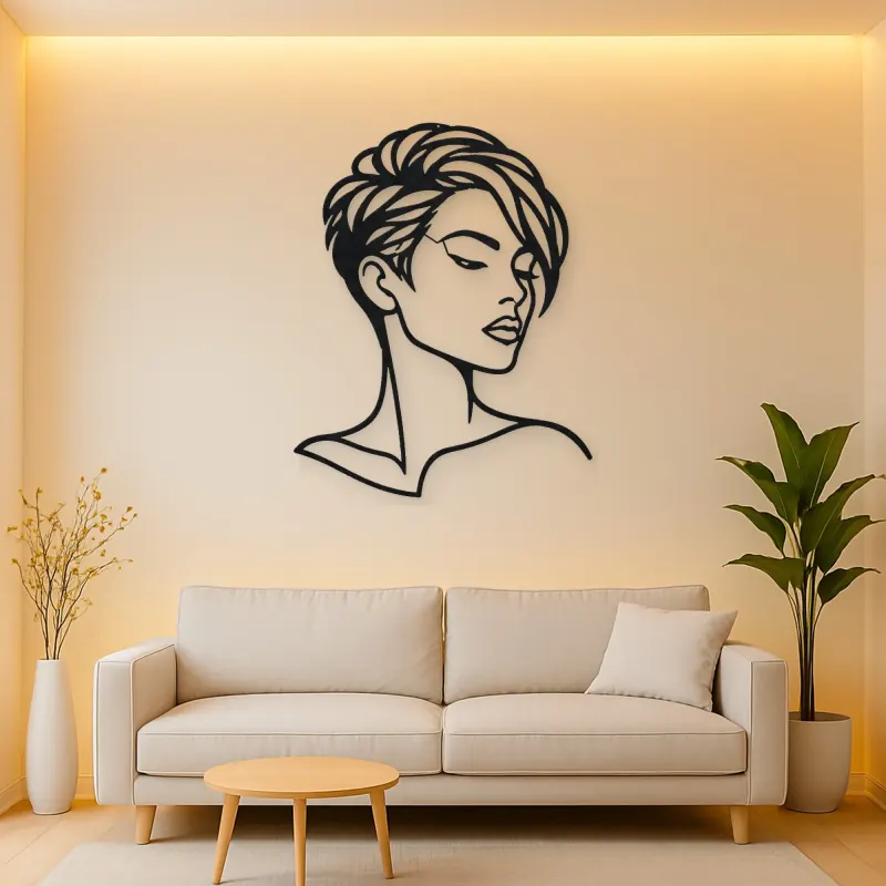 Short Hair Modern Face Metal Wall Art | Minimalist Woman Line Art