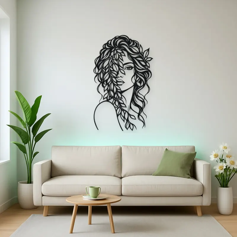 Leaf Veil Face Metal Wall Art | Minimalist Woman Line Art