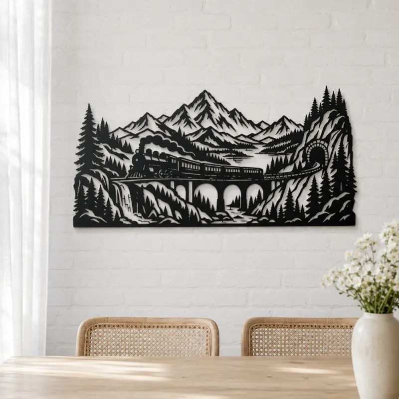 Train through Mountains Metal Wall Art | Travel and City Wall Decor - lifestyle view 4