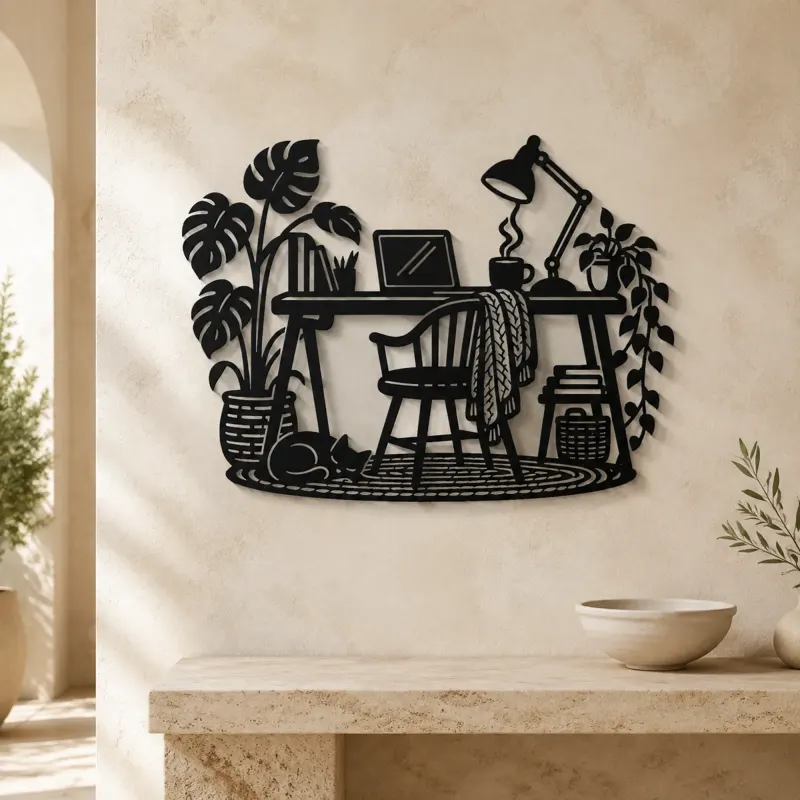 Desk and Lamp Metal Wall Art | Cozy Home Metal Decor - lifestyle view 3