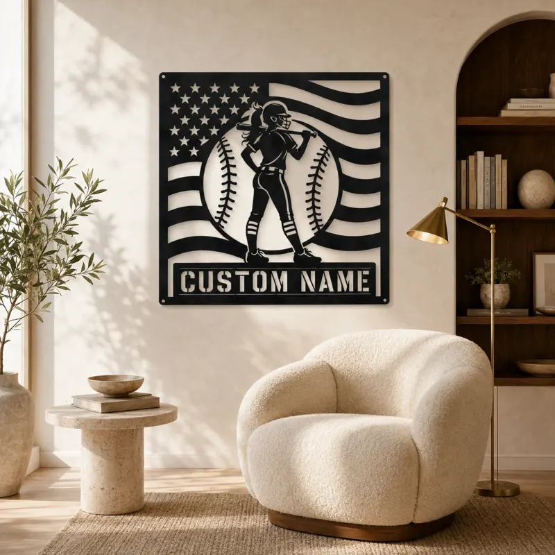 Personalized Female Softball Player Bat on Shoulder Metal Wall Art - lifestyle view 5