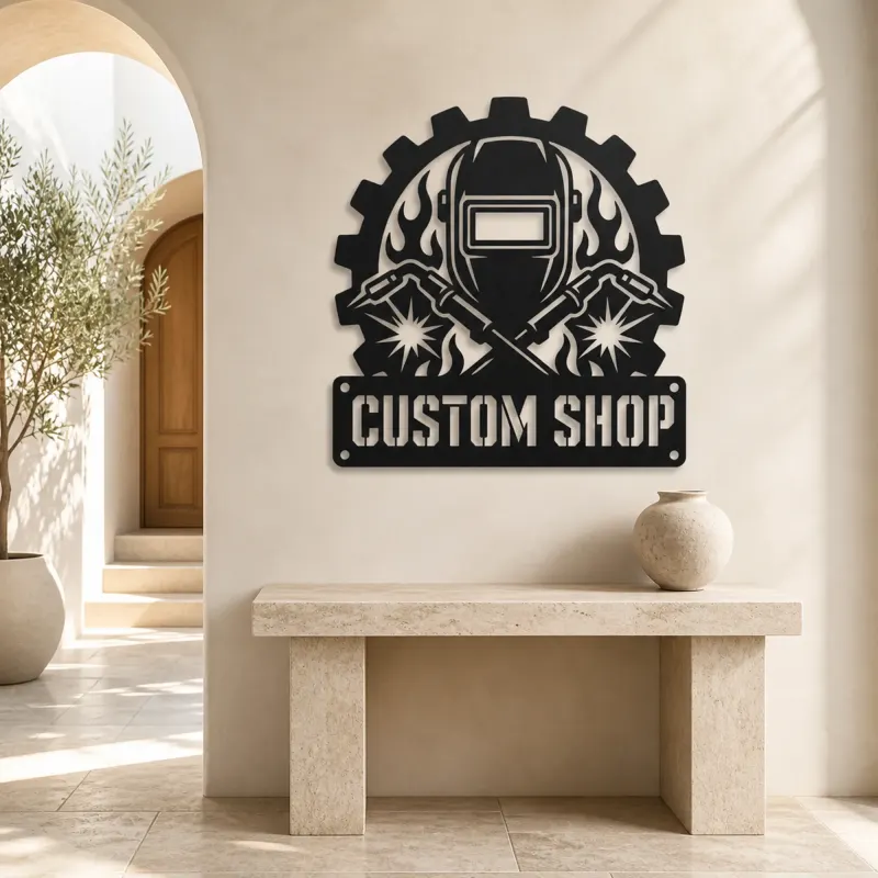 Personalized Welder Helmet Metal Wall Art with Crossed Torches - lifestyle view 4