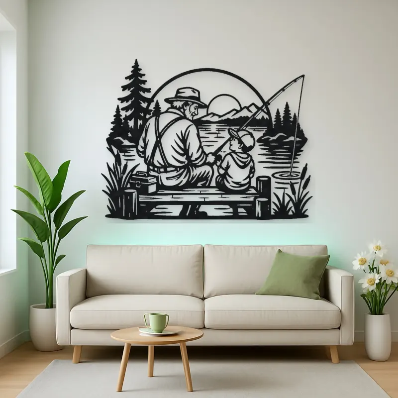 Grandfather Grandson Fishing Metal Wall Art | Family Silhouette Decor