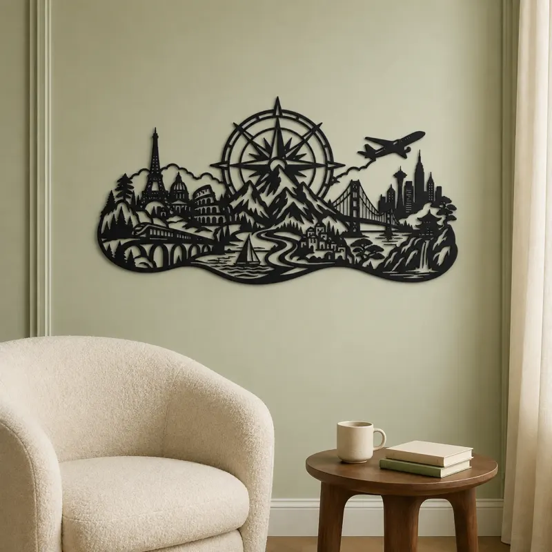 Compass Mountain Flow Metal Wall Art | Nature Silhouette Decor - lifestyle view 2