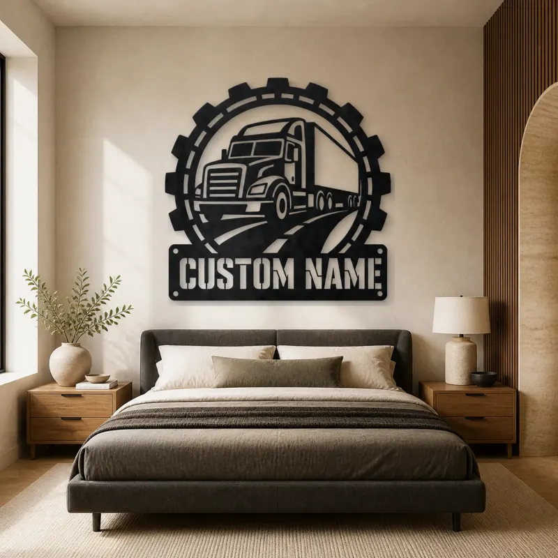 Personalized Semi Truck Metal Wall Art with Gear Frame - lifestyle view 5
