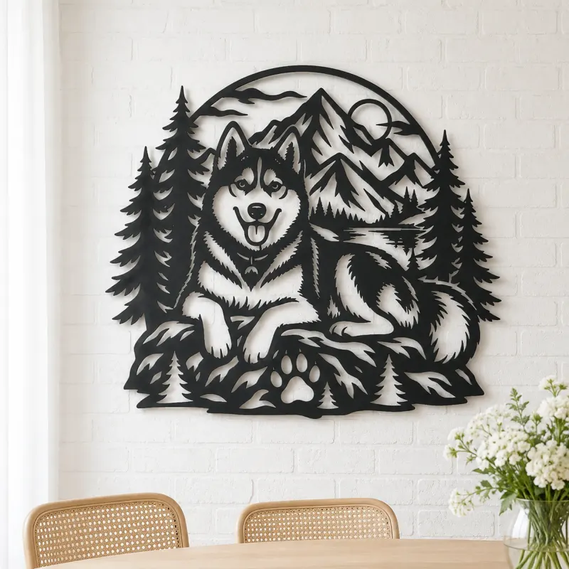 Husky Mountain Metal Wall Art | Pet Lover Silhouette Decor - lifestyle view 4