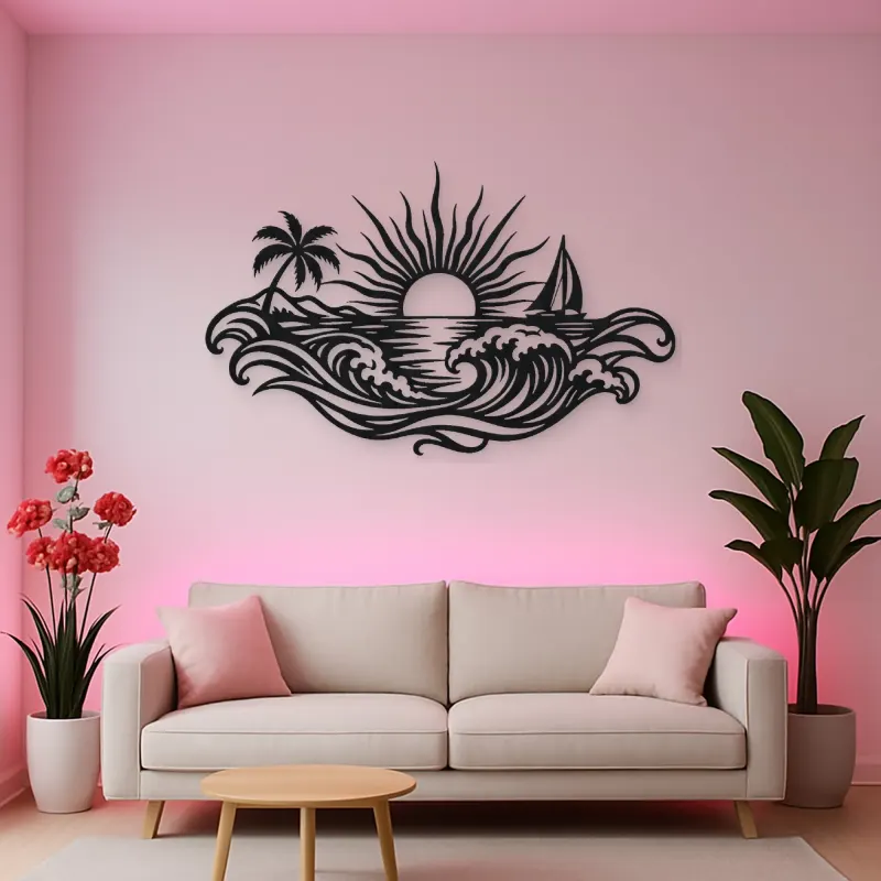Rising Sun over Waves Metal Wall Art | Celestial Boho Wall Decor