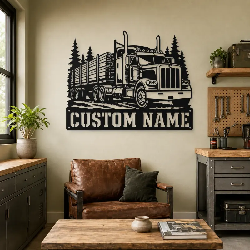 Personalized Stake Bed Semi Truck Forest Metal Wall Art - lifestyle view 4