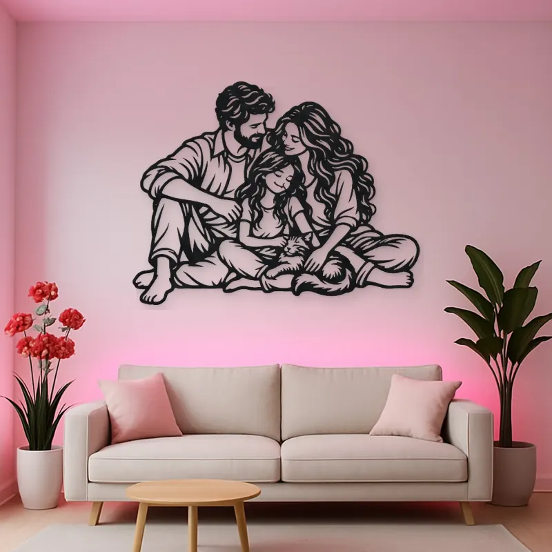 Family with Cat Metal Wall Art | Pet Lover Silhouette Decor
