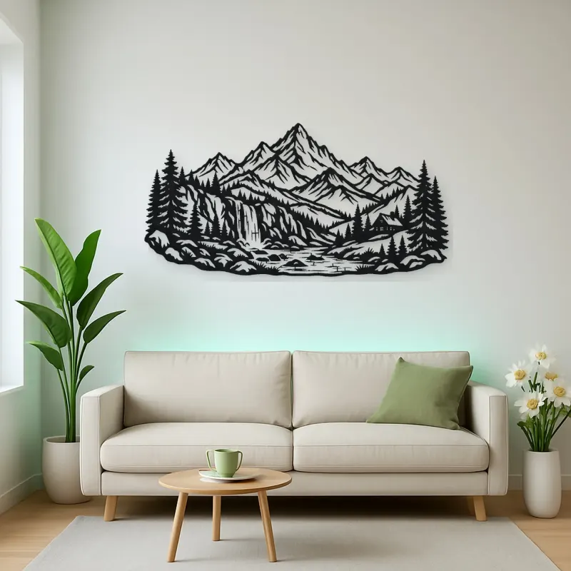 Waterfall Mountain Valley Metal Wall Art | Nature Silhouette Decor
