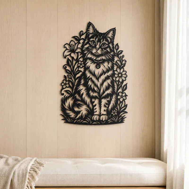 Sitting Cat Floral Metal Wall Art | Pet Lover Silhouette Decor - lifestyle view 5