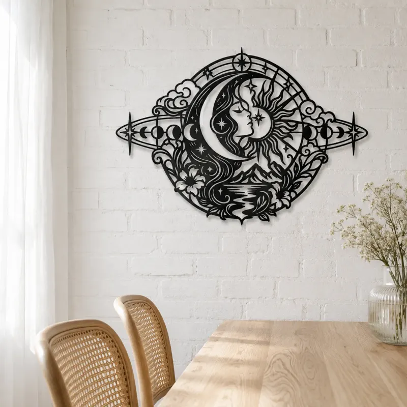 Celestial Crescent Face Metal Wall Art | Minimalist Woman Line Art - lifestyle view 4