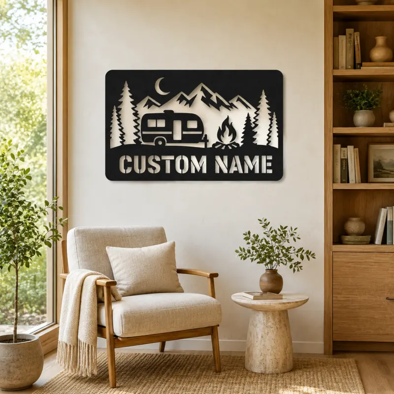 Personalized Travel Trailer Metal Wall Art with Campfire - lifestyle view 4