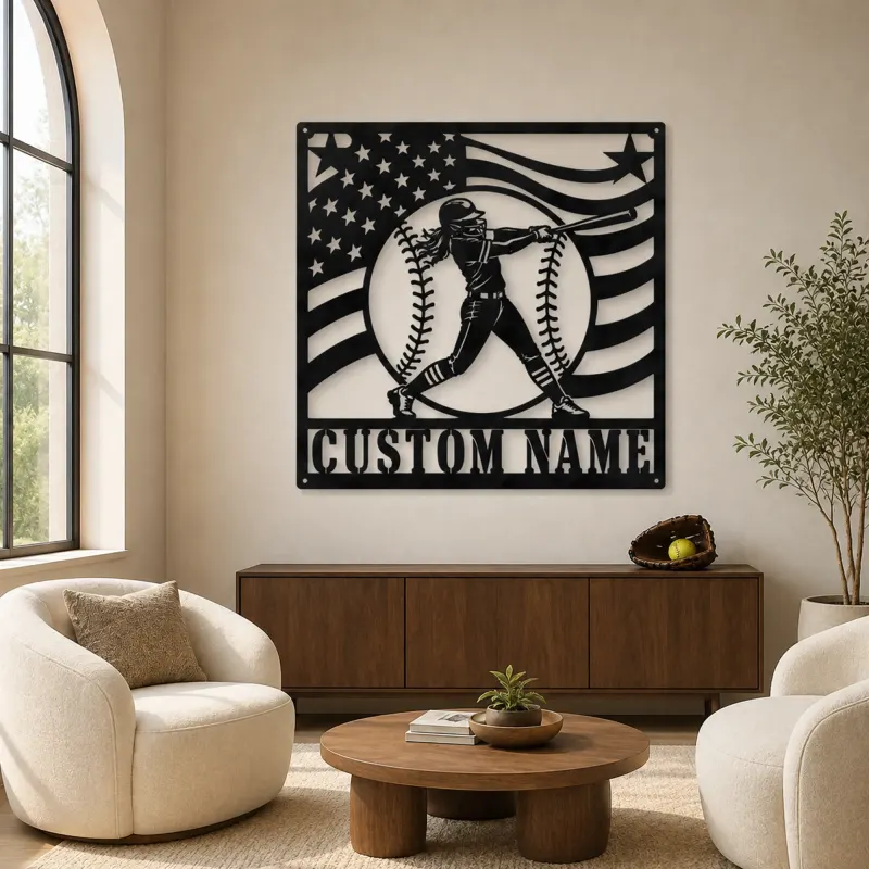 Décoration murale en métal personnalisée - Batteuse de softball féminine avec drapeau
