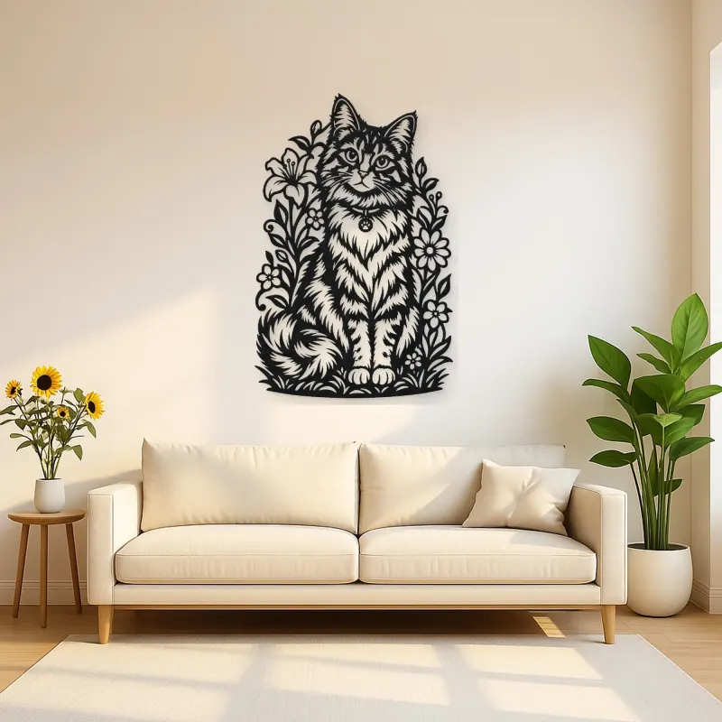 Sitting Cat Floral Metal Wall Art | Pet Lover Silhouette Decor