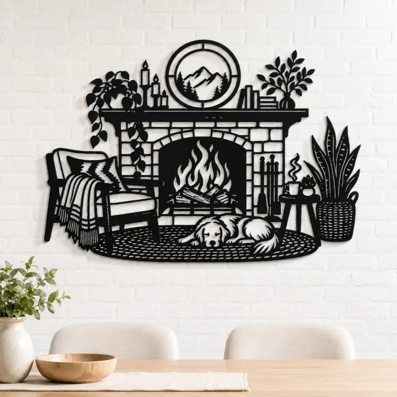 Modern Fireplace Scene Metal Wall Art | Cozy Home Metal Decor - lifestyle view 4