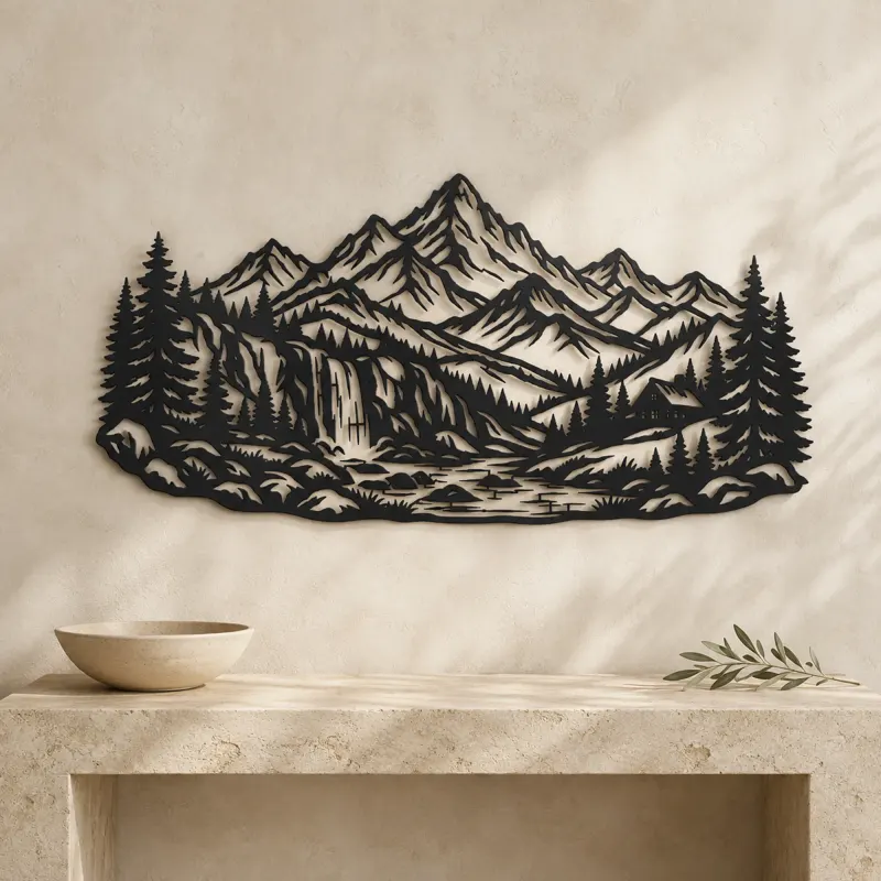 Waterfall Mountain Valley Metal Wall Art | Nature Silhouette Decor - lifestyle view 3