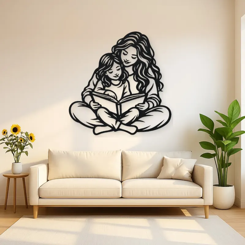 Parent Child Reading Metal Wall Art | Family Silhouette Decor