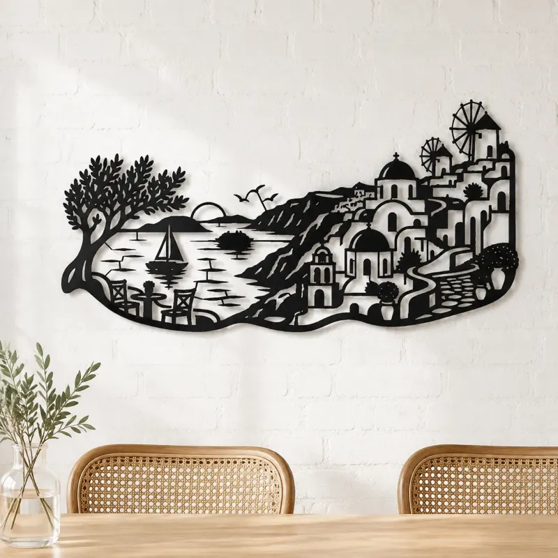 Santorini Coastal Line Metal Wall Art | Travel and City Wall Decor - lifestyle view 4