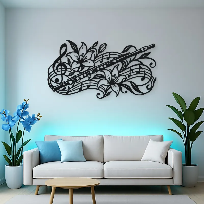 Flute Botanical Line Metal Wall Art | Music Room Wall Decor