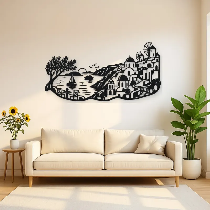 Santorini Coastal Line Metal Wall Art | Travel and City Wall Decor