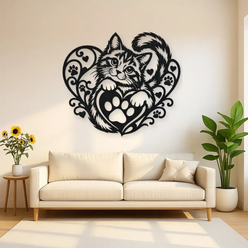 Cat Paw Heart Metal Wall Art | Pet Lover Silhouette Decor
