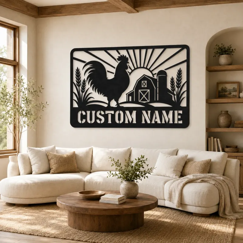 Décoration murale en métal personnalisée coq de ferme avec scène de grange