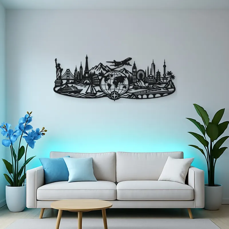 World Map Travel Line Metal Wall Art | Travel and City Wall Decor