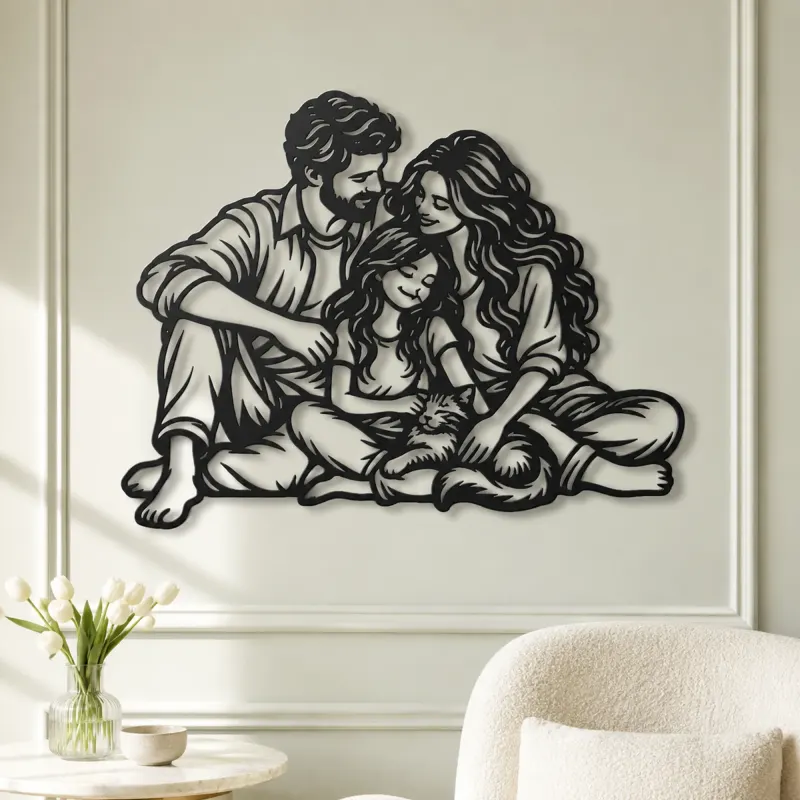 Family with Cat Metal Wall Art | Pet Lover Silhouette Decor - lifestyle view 2