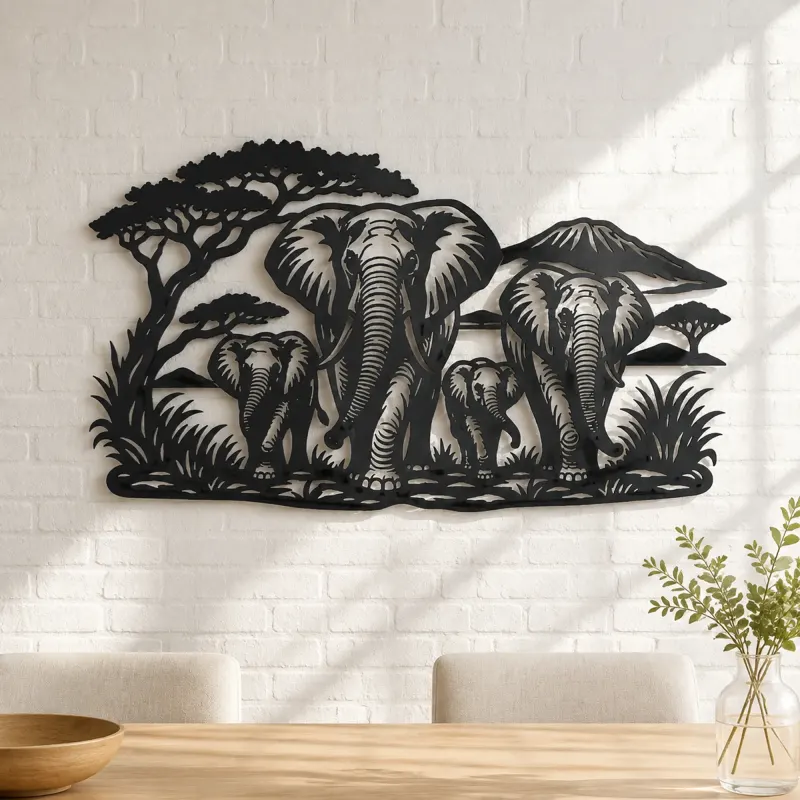 Elephant Family Walk Metal Wall Art | Wildlife Silhouette Decor - lifestyle view 4