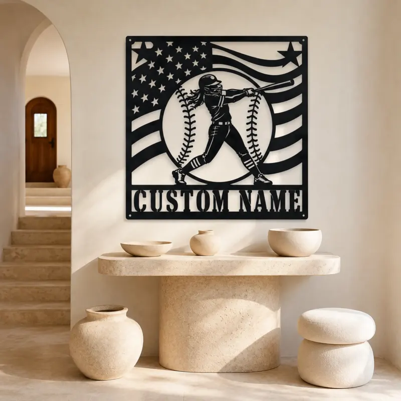 Personalized Female Softball Batter Waving Flag Metal Wall Art - lifestyle view 3