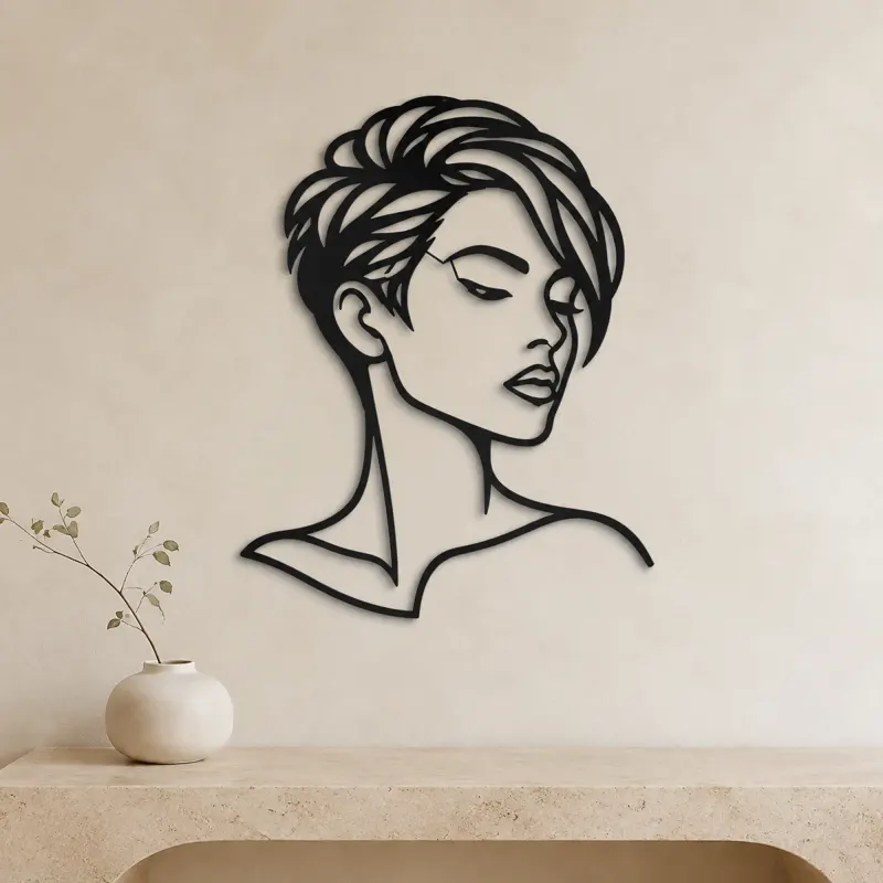 Short Hair Modern Face Metal Wall Art | Minimalist Woman Line Art - lifestyle view 3