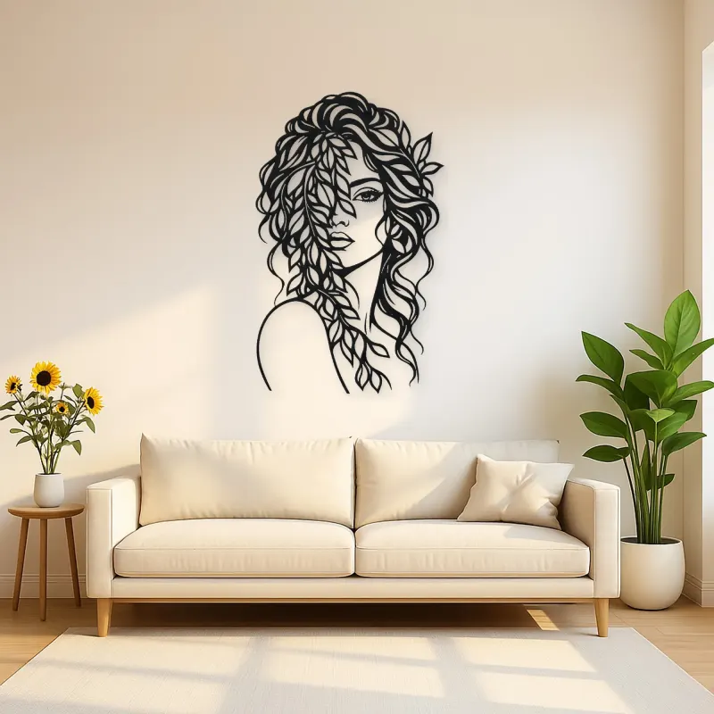Leaf Veil Face Metal Wall Art | Minimalist Woman Line Art