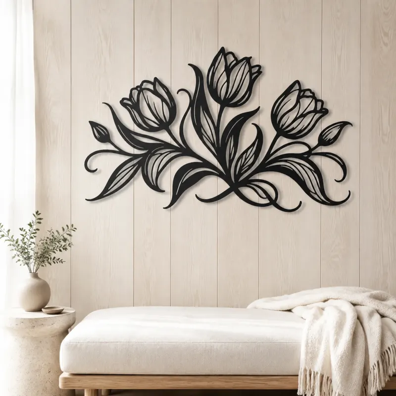 Tulip Trio Flow Metal Wall Art | Botanical Metal Wall Decor - lifestyle view 5