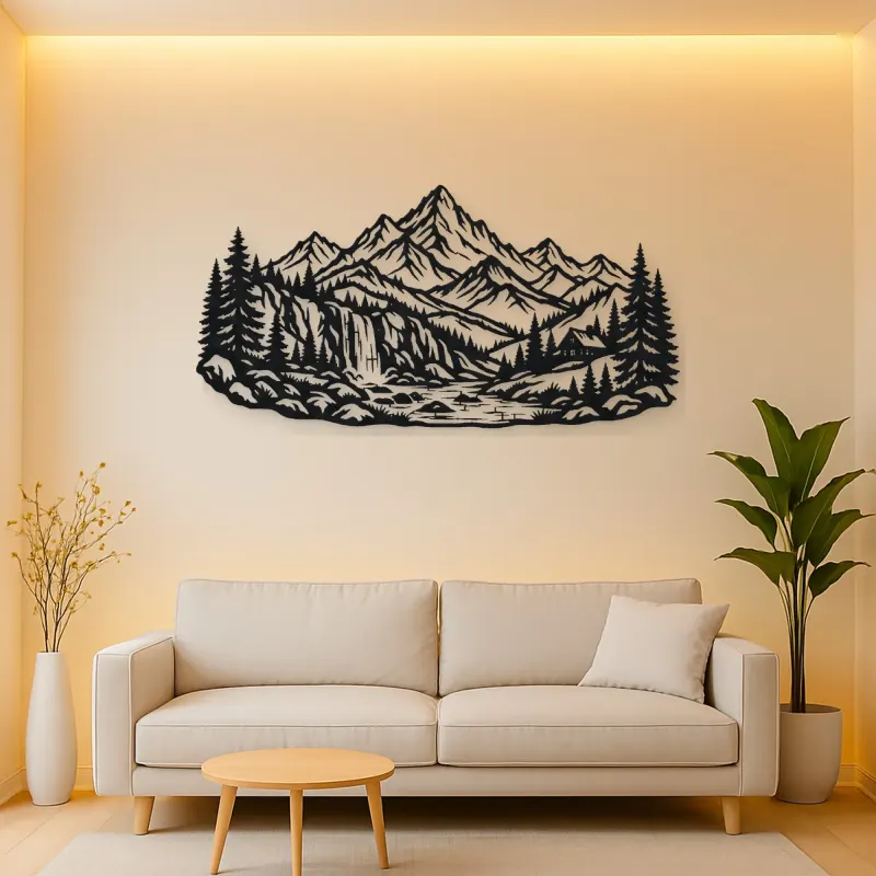 Waterfall Mountain Valley Metal Wall Art | Nature Silhouette Decor
