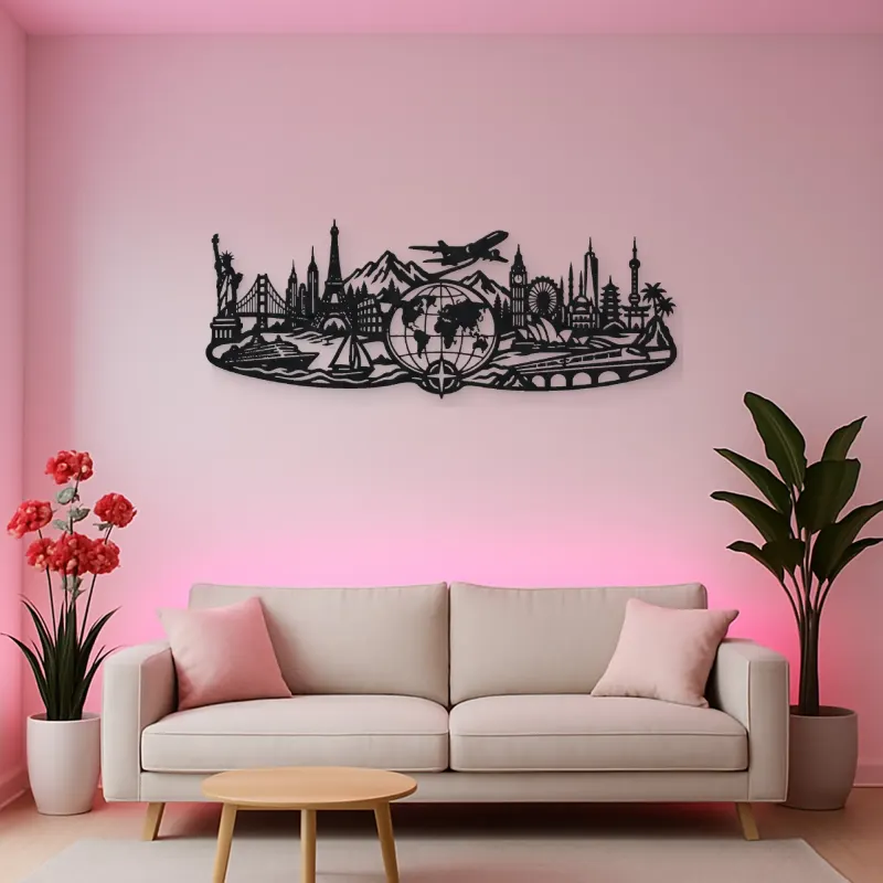World Map Travel Line Metal Wall Art | Travel and City Wall Decor