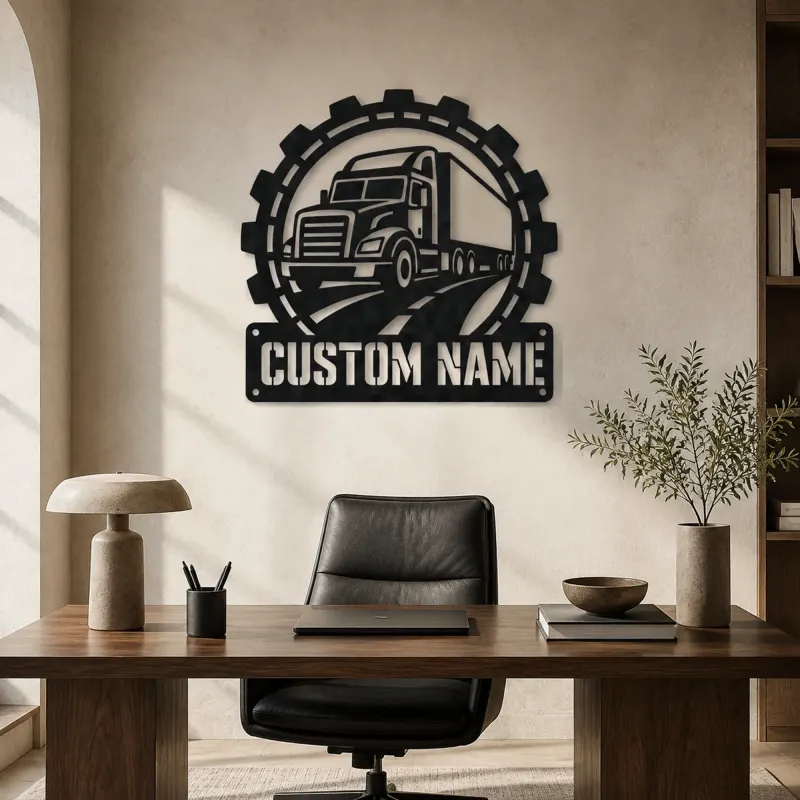 Personalized Semi Truck Metal Wall Art with Gear Frame - lifestyle view 3