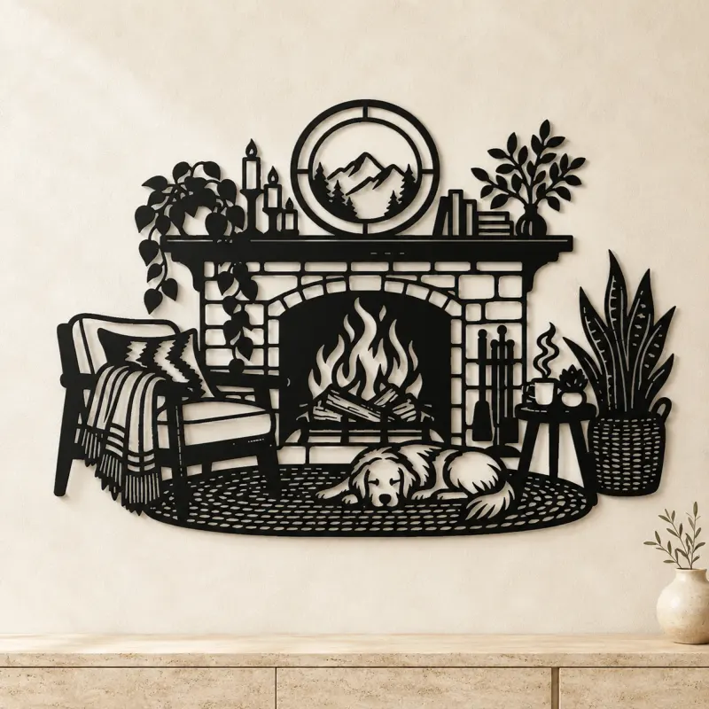 Modern Fireplace Scene Metal Wall Art | Cozy Home Metal Decor - lifestyle view 3