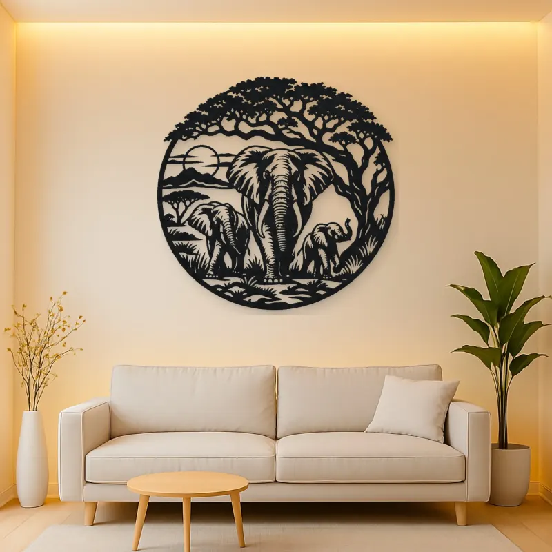 Elephant Tree Circle Metal Wall Art | Wildlife Silhouette Decor