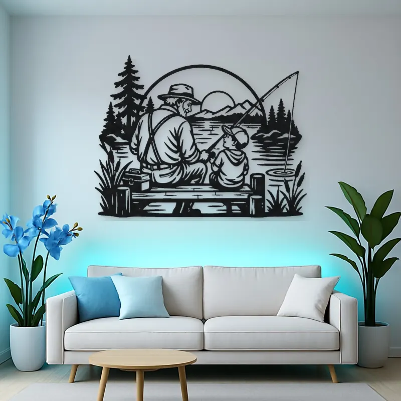 Grandfather Grandson Fishing Metal Wall Art | Family Silhouette Decor