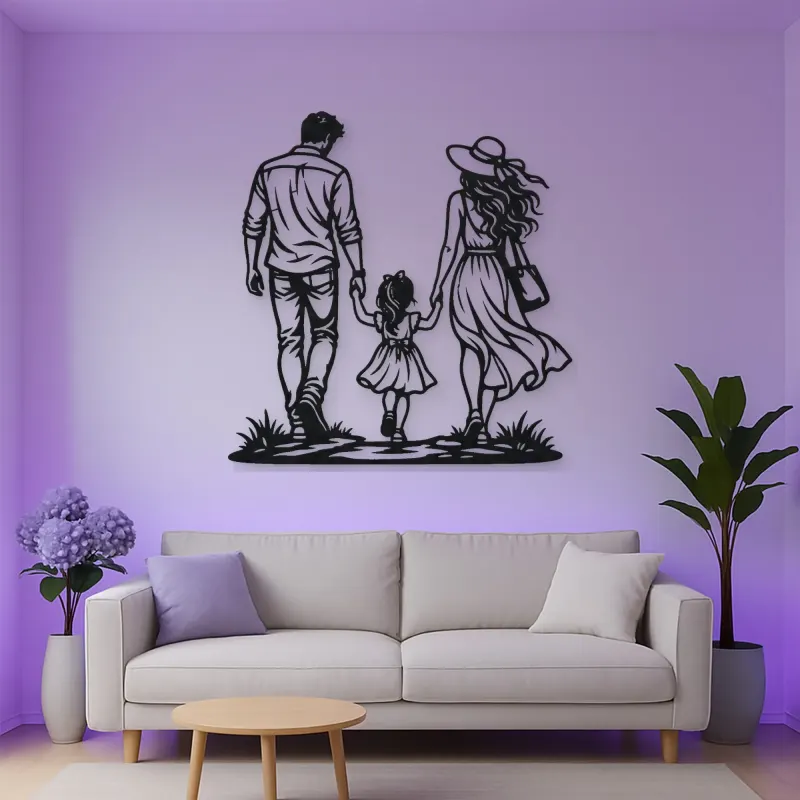 Family of Three Walk Metal Wall Art | Family Silhouette Decor