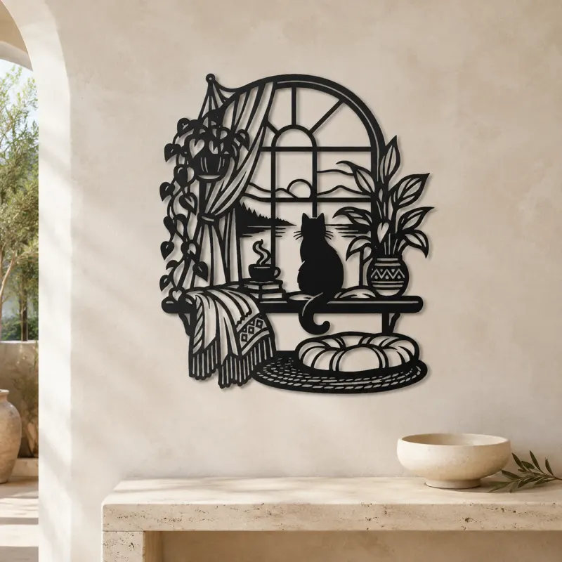 Cat on Windowsill Metal Wall Art | Pet Lover Silhouette Decor - lifestyle view 3
