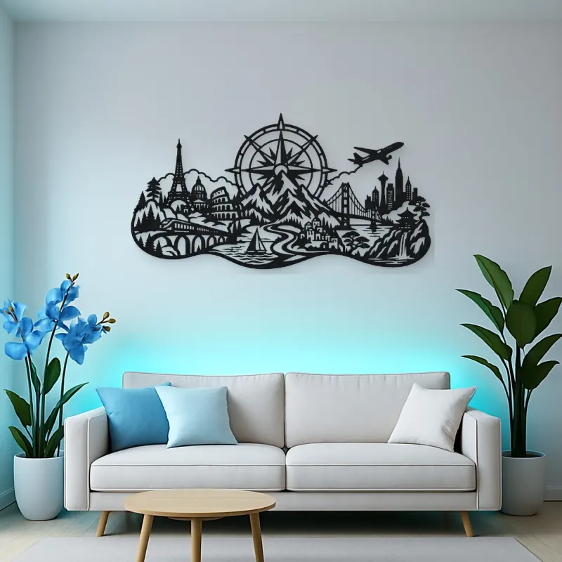 Compass Mountain Flow Metal Wall Art | Nature Silhouette Decor