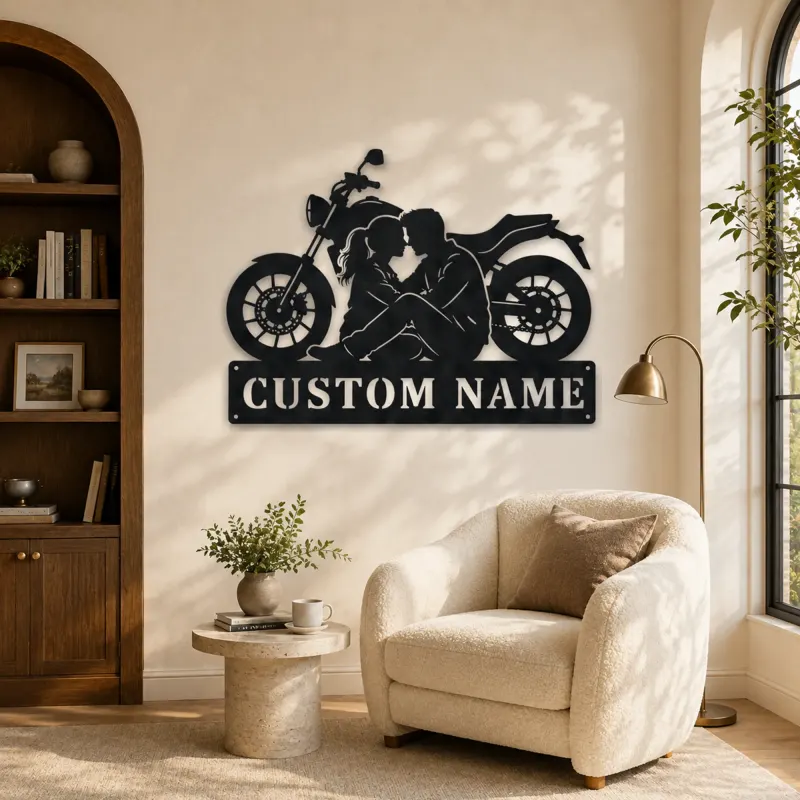 Personalized Seated Couple and Motorcycle Metal Wall Art - lifestyle view 5