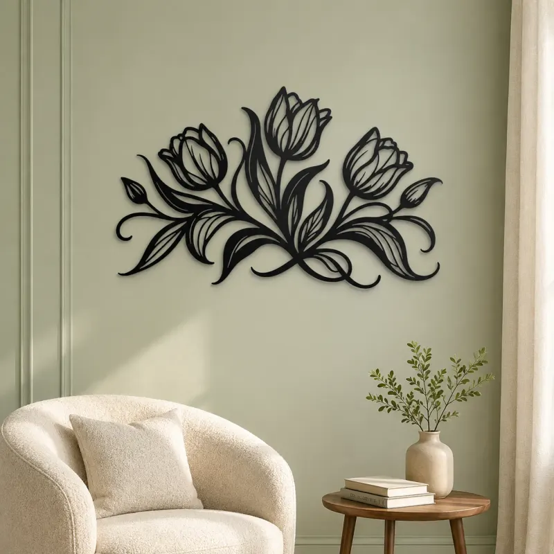 Tulip Trio Flow Metal Wall Art | Botanical Metal Wall Decor - lifestyle view 2