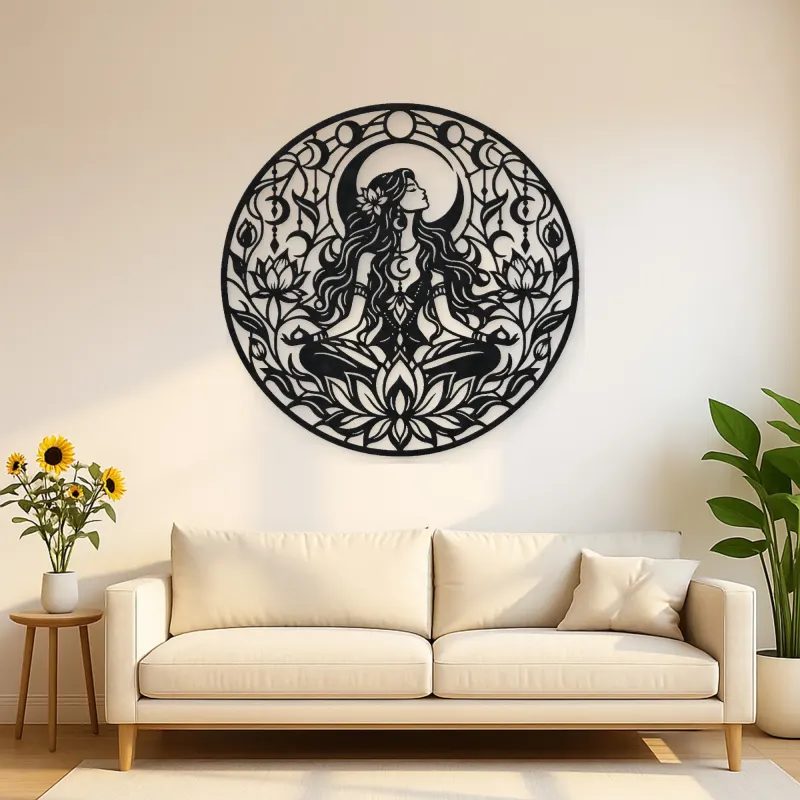 Lotus Moon Woman Metal Wall Art | Minimalist Woman Line Art
